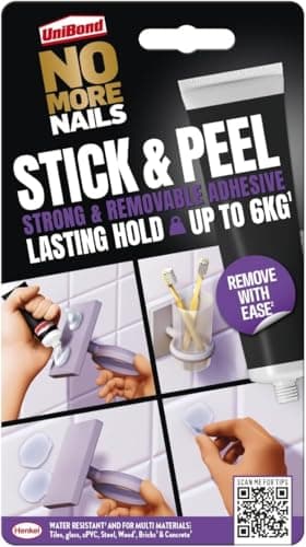 Image of UniBond No More Nails Stick & Peel, Peel-Off Mounting Adhesive, Strong Bonding Adhesive for Shelves & Wall Hanging, Holds up to 6kg**, 44g Tube