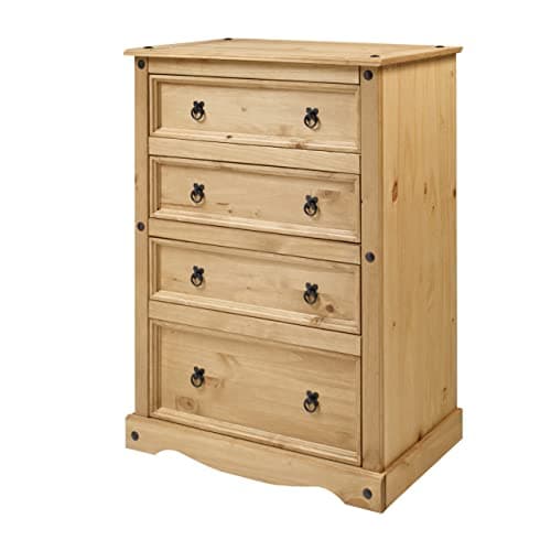 Image of Mercers Furniture Corona 4 Drawer LARGE Wide Chest Of Drawers Solid Wood Pine Wooden Wax Bedroom Tall Mexican Style 130cm High. 92cm Wide. 48cm Deep.
