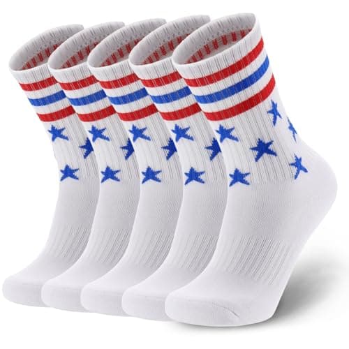 Image of Ultrafun 5 Pairs Striped Crew Socks Cotton Cushioned Athletic Sports Running Socks for Men Women Teens, Usa Flag, Large