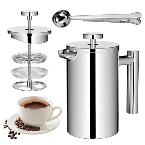 Image of 350ml Stainless Steel Double Wall Heat Resistant Coffee Press, Cafetiere French Press Small Szie, Double Walled Insulation French Press Cafetiere, 3 Level Filtration System with 3 Extra Filter Screens