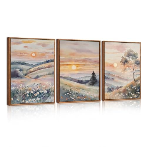 Image of HPNIUB Watercolor Boho Sunset Framed Canvas Wall Art Set, Colorful Flower Wall Decor, Nature Daisy Wall Painting, Pink Wildflower Scenery Art Print for Living Room, Bedroom, Office, Hallway 30x40cm