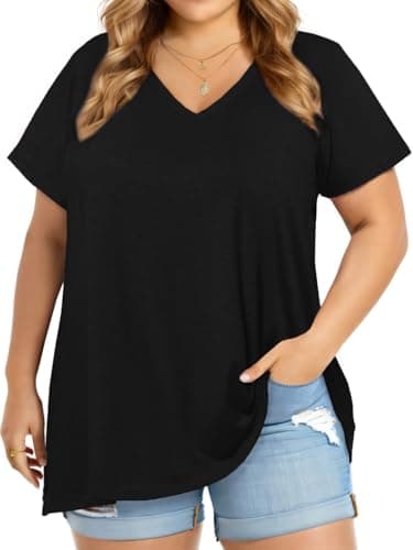 Image of florynova Plus Size Tops for Women Summer Short Sleeve T Shirt Oversized V Neck Blouses(Black,3XL)