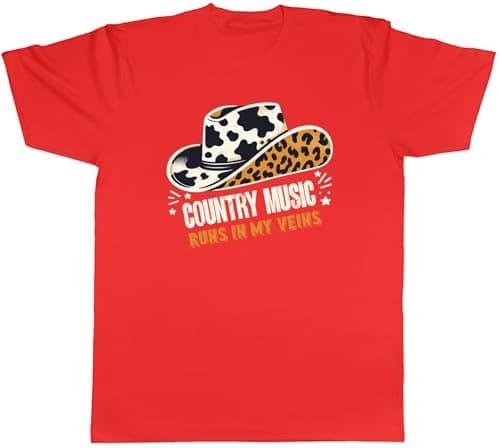 Image of Shopagift Country Music Mens T-Shirt Runs in My Veins Cowboy Hat Tee Red