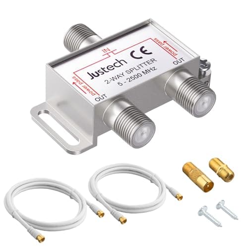 Image of Justech 2 Way TV Aerial Splitter TV F Connector Adapter Aerial Broadband Satellite Splitter Metal 2500MHz with 1.5m Coax Cable F Plugs for Telewest Eurovox Starview Dreambox
