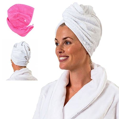 Image of Aztex Luxury Hair Turban, Head Wrap, Hair Drying Towel with Loop and Button Fastener, Absorbent and Lightweight Cotton, Multiple Colours, 64 x 23cm - White