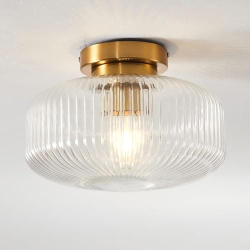 Image of HARPER LIVING Ceiling Light Brass Finish, 27cm Vintage Ceiling Lamp with Textured Glass Shade, E27 Socket IP44 Flush Mount Lighting Fixture for Kitchen Bathroom Hallway Bedroom Living Room
