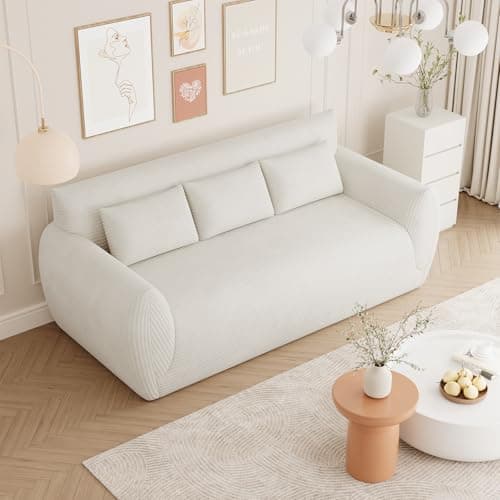 Image of Vesgantti Corduroy Compressed 3 Seater Sofa, No Assembly Required 200cm Floor Sofa, Comfy Couch with 3 Supportive Pillows, Perfect for Living Room, Bedroom, Office, Small Space, 200L*94D*80Hcm,Cream