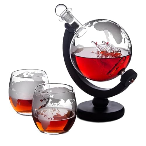 Image of Whiskey Decanter Set with Globe Design Wooden Stand and Two Glasses Sealed 850ml Liquor Dispenser,Ideal for Whisky Scotch Rum Brandy Home Bar Decanter Sets for Whiskey Glass Set