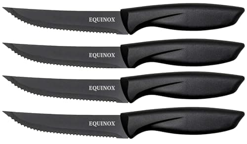 Image of EQUINOX Professional Stainless Steel Steak Knife Set, 4-Piece Kitchen Knives with Ergonomic Black Handles, Serrated Edge, Premium Dining Cutlery (4)