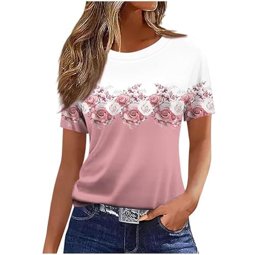 Image of Womens Flower T-Shirt Ladies Casual Tops Short Sleeve T-Shirts Crew Neck Pullover Floral Printed T Shirt Comfortable Blouse Dressy Tee Lightweight Jumper Loose Sweatshirt Business Clothes Pink