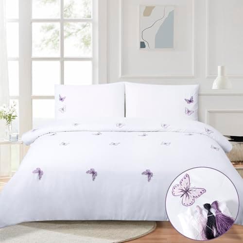 Image of Chlophy Purple Butterfly Duvet Cover Embroidered Double White Girls Spring Duvet Sets Pink Lavender Elegant Pretty Luxury Kids