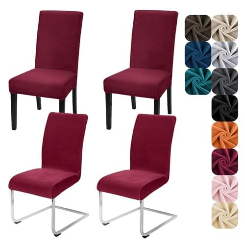 Image of Alishomtll Dining Chair Covers Set of 4 Stretch Velvet Chair Covers for Dining Chairs Elastic Removable Chair Slipcovers Reusable Washable Chair Protector for Hotel Banquet Ceremony (Wine Red, 4pcs)
