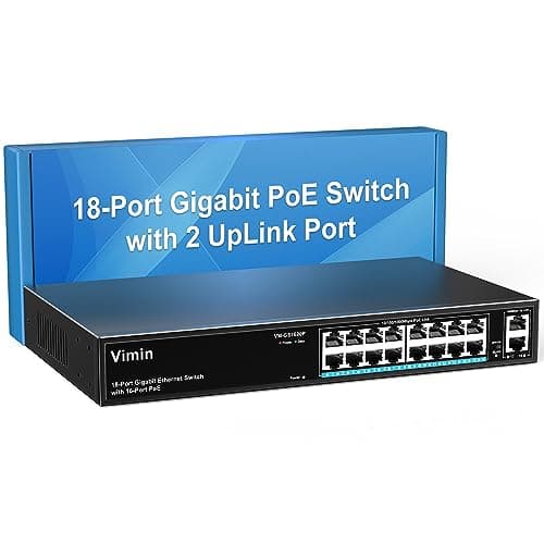 Image of VIMIN 16 Port Gigabit PoE Switch with 2 Uplink Gigabit Ports, 18 Port Unmanaged Ethernet PoE Switch with 250W Power, Support IEEE802.3af/at, VLAN, Metal Housing, 19 inch Rack-Mount, Plug & Play