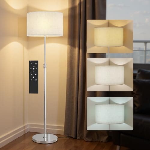 Image of HOMCOM Floor Lamp with Remote, Height Adjustable Standing Lamp with Linen Shade, Dimmable with 3000K-6000K Adjustable Colour Temperatures, Foot Switch for Living Room Bedroom Office, Silver Tone