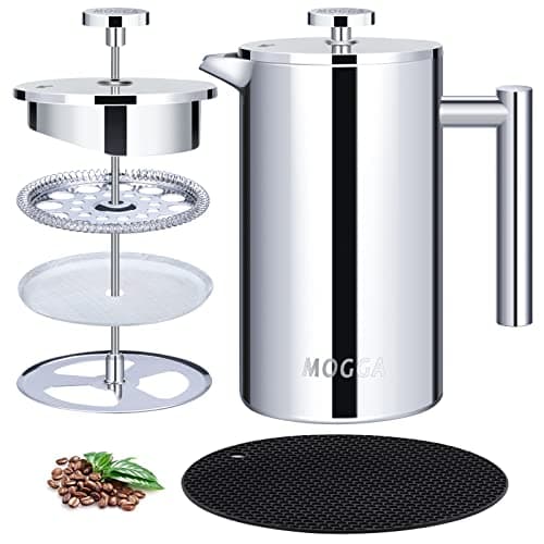 Image of MOGGA Cafetiere 34oz/1000ml Coffee Maker Double Walled Insulated French Press with Silver Color and Large Capacity Stainless Steel Coffee Pot Easy to Use and Clean in Home Office and Camping