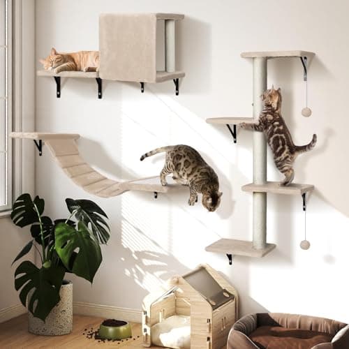 Image of 4-in-1 Cat Shelves, Sturdy Cat Wall Furniture, Cat Climbing Wall for Indoor Cats, DIY Cat Wall Shelves with Cat Bridge, Cat bed, Scratching Post, Save space, Beige, Holds Up to 10kg