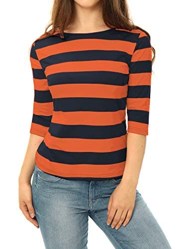 Image of Allegra K Women's Elbow Sleeves Top Casual Boat Neck Slim Fit Stripe T-Shirt Orange Navy 12