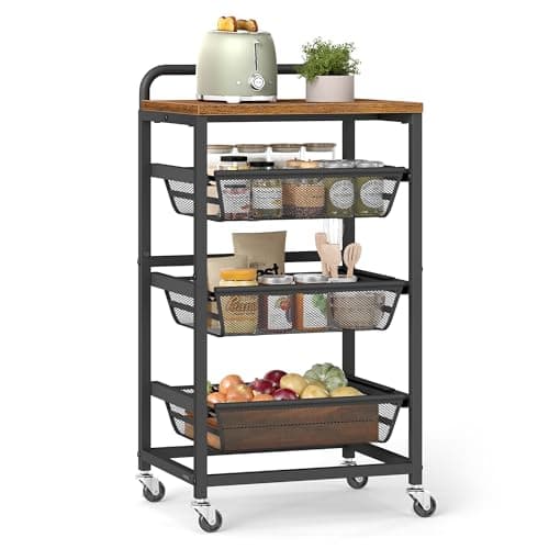 Image of VASAGLE 4-Tier Storage Trolley with Pull-Out Baskets, Kitchen Shelf with Wheels, Handle, 31.7 x 40 x 76 cm, Rustic Brown and Ink Black LRC040K01