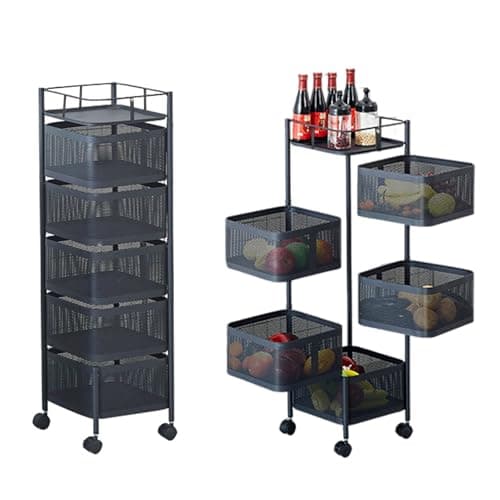 Image of 5 Tier Vegetable Rack 360 ° Rotating Storage Rack Shelves Kitchen Storage Trolley On Wheels Movable Square Metal Mesh Potato/Vegetable/Fruit Baskets for Kitchens Living Room Bathroom, Black