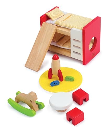 Image of Hape Children’s Room | Highly Detailed Kid’s Room Doll House Furniture Set Including Bunk Beds, Table, Chairs and Rocket Ship