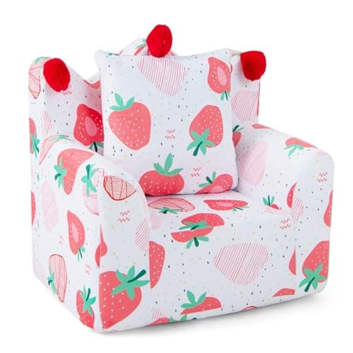 Image of COSTWAY Kids Sofa Chair, Children Upholstered Armchair with Pillow, Washable Velvet Cover, Toddler Reading Relax Couch for Playroom Nursery (Pink Strawberry)