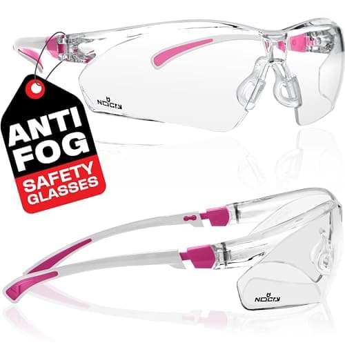 Image of NoCry Clear Cycling Glasses Women. White & Pink Safety Glasses for Work with Anti Fog Scratch Resistant Wrap-Around Lenses and Non-Slip Grips, UV Protection. Adjustable Eye Protection Squash Glasses