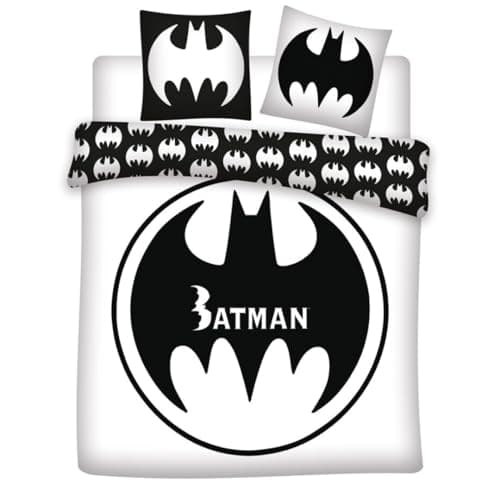 Image of Aymax Batman Logo Double Bedding Set, Reversible Duvet Cover 240 x 220 cm + 2 Pillowcases 65 x 65 cm, Polycotton, Black and White