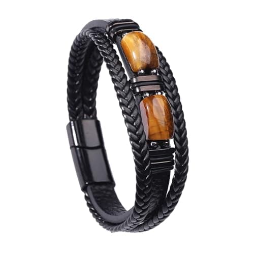 Image of Solbrezeni Tigers Eye Bracelet, Mens Leather Bracelet, Natural Tiger Eye Gemstone Crystal Stone, Retro Punk Multi-layer Weave Rope Leather Men's Jewelry, for Boyfriend Dad Son Brother
