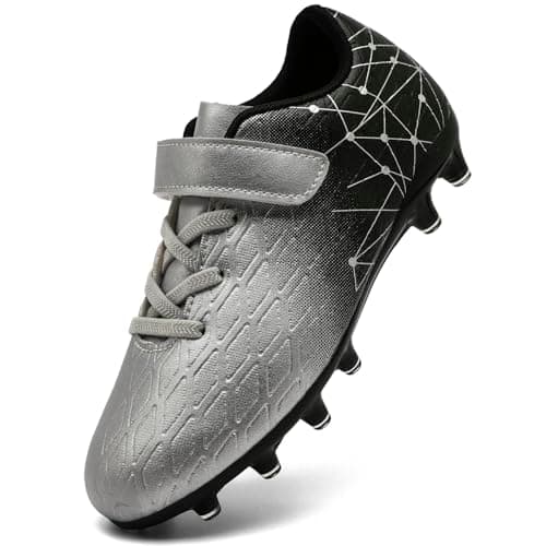 Image of DimaiGlobal Kids Football Boots Boys Girls Astro Turf Trainers Teenager Outdoor Training Firm Ground Soccer Shoes 2.5UK Silver