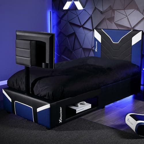 Image of X-Rocker Cerberus Twist 3ft Single, Gaming Upholstered TV Bed Frame - Rotating 32" VESA Mount, Console Storage, Wooden Slats, Wipe-Clean Faux Leather for Kids & Teens - Blue - 90x190cm