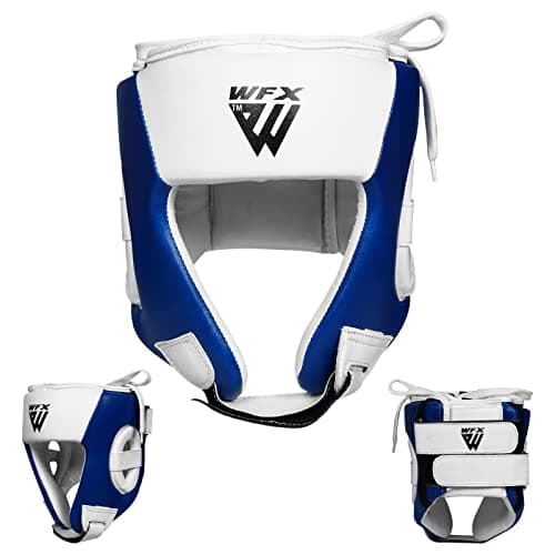Image of WFX Kids Headguard for Boxing, MMA Training and Kickboxing, Junior Children Maya Hide Leather Head Guard for Face and Ear Protection, Headgear for Sparring, Muay Thai and Taekwondo Helmet (Blue)