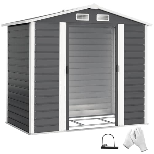 Image of Outsunny 7 x 4ft Garden Shed, Easy to Assemble, Upgraded Galvanised Steel Frame with Foundation Kit, Double Doors with Lock, Outdoor Metal Shed with Vents and Gloves, Garden Storage Shed, Dark Grey