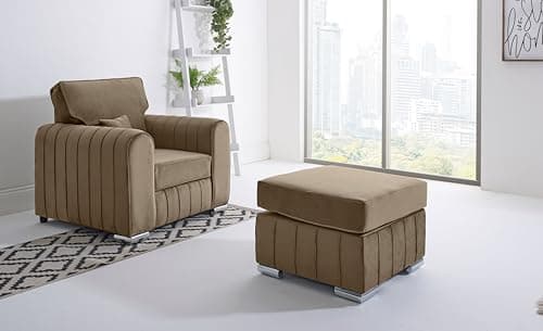 Image of Sofahub Lilly Mink Plush Velvet Sofa Set | 2 Seater, 3 Seater, 3+2, Corner, Armchair & 3+2 with Coffee Table | Modern Living Room Sofa with Foam Seat Cushions (Mink, Armchair + Footstool)