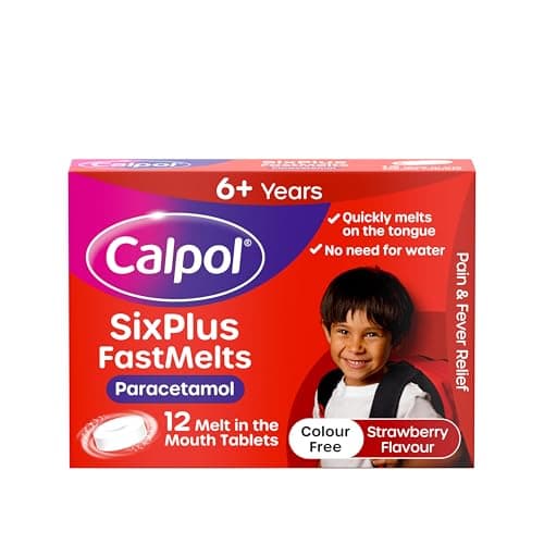 Image of Calpol SixPlus Fastmelts Paracetamol (12 x 250 mg Tablets), Strawberry Flavour Calpol Melts with Paracetamol for Soothing and Effective Fever and Pain Relief, Suitable for Kids from 6 Years