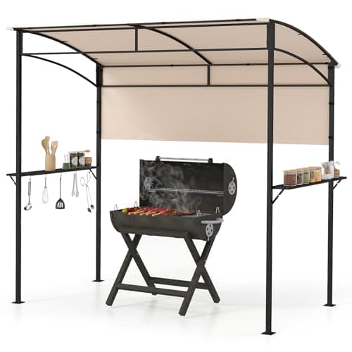 Image of TANGZON BBQ Shelter, Outdoor Grill Gazebo Canopy with Side Shelf & 5 Hooks, Flame-Resistant Metal Frame Barbecue Awning Shelter Tent for Garden Patio Party (Beige, 239 x 108cm, with Extra Shadow)