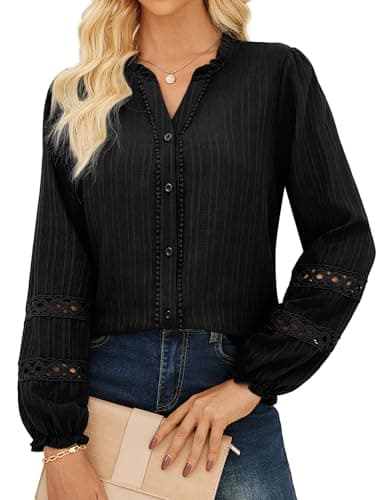 Image of GRACE KARIN Ladies V-Neck Button Up Shirt Long Sleeve Elegant Formal Christmas Blouses Shirts Evening Tops Size 14 M Black