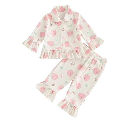 Image of Vioyavo Toddler Kid Baby Girls 2Pcs Pajama Set Strawberry/Butterfly Print Sleepwear Spring Autumn Long Sleeve Ruffle Shirt Top Long Pants (Pink, 12-18 Months)