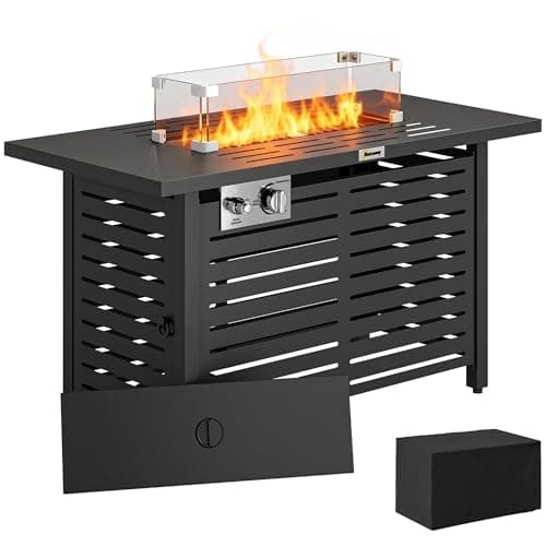 Image of Outsunny Propane Gas Fire Pit Table, Outdoor Firepit with 43" Steel Tabletop and Lid, 50,000 BTU Pulse Ignition Fire Table w/Stainless Steel Burner, Glass Wind Guard, and Cover