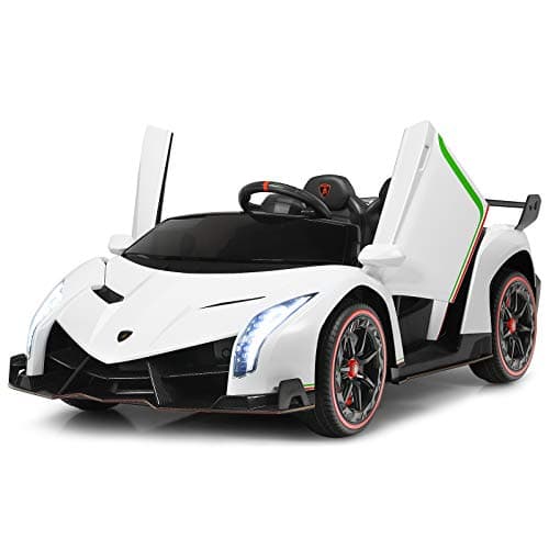 Image of COSTWAY 12V Electric Ride on Car, 2-Seater Licensed Lamborghini Racing Cars with Remote Control, Swing Mode, LED Lights, Horn, USB/MP3/TF, 4 Suspension Wheels Vehicle for Kids (White)