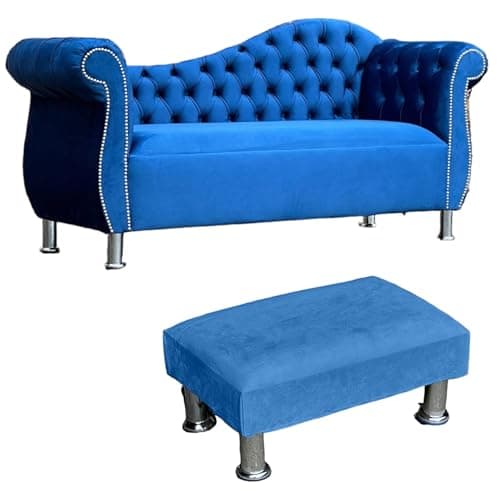Image of AL SULTAN Blue Chesterfield Sofa With Footstool Chaise Lounge Sofa Blue Soft Plush Velvet (Sofa With Plain Footstool)