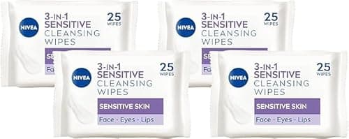 Image of NIVEA 3in1 Sensitive Cleansing Wipes (25 Wipes), Plant-Based Makeup Remover Wipes, Face Wipes for Sensitive Skin, Gentle yet Effective Makeup Removal (Pack of 4)