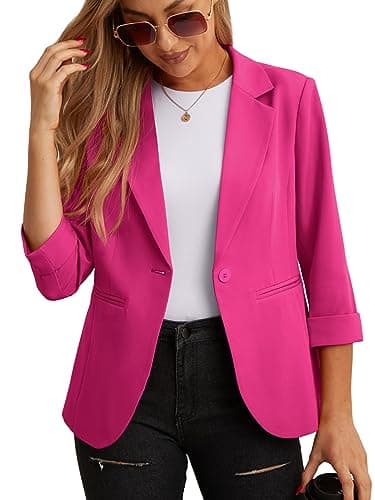 Image of GRECERELLE Women's Blazer Suit Elegant 3/4 Sleeve Jackets Business Casual Work Office Blazer Jacket Suiting & Blazers Cardigans with Pockets Button for Ladies (Hot Pink, 14)