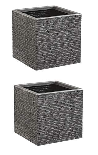 Image of 2 x 32 centimetre Strata Grey Brick Stone Effect Square Plastic Planter Flower Pot Patio Planter