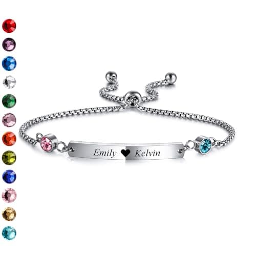 Image of INBLUE Custom Name Bar Bracelet with Birthstone for Women Stainless Steel Adjustable Personalized ID Coordinate Engraved Bracelet Anniversary Customized Gift for Mom Girlfriend Sister - Silver