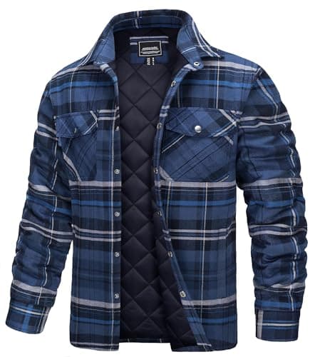 Image of TACVASEN Quilted Shirts Men Padded Lumberjack Shirts Casual Plaid Flannel Jacket Long Sleeve Fleece Work Shirt with Pockets Blue Grey,L