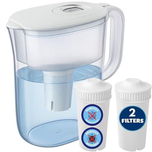 Image of 10 Cup Water Filter Pitcher with 2 Ultrafiltration & Carbon Filters - Removes Microbes, PFOA/PFOS, Microplastics, Heavy Metals & More - Compatible with Brita Water Pitcher/Brita Filter Replacement
