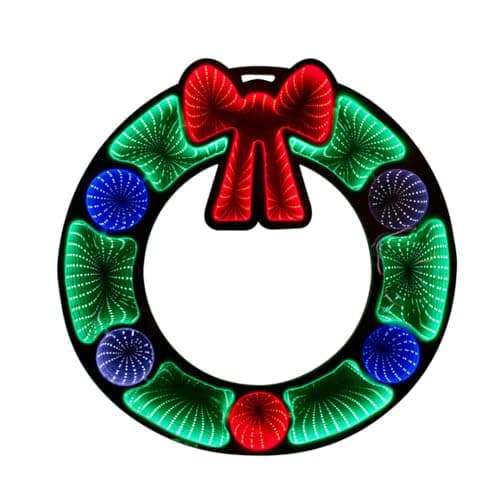 Image of 60cm Mains Operated LED Infinity Mirror Tunnel Light 3D Illusion Lamp with Wooden Base, Double-Sided, Endless Glow Effect, Perfect Modern Home Lighting & Christmas Decoration (Christmas Wreath)