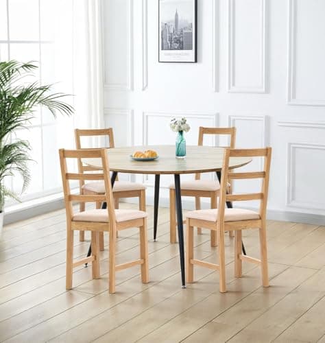 Image of Hallowood Furniture Cullompton Large Dining Table and Chairs Set 4, Light Oak Effect Top Round Dining Table 120cm & Ladder Back Fabric Chairs, Dining Set for Kitchen, Restaurants, Apartments & Café