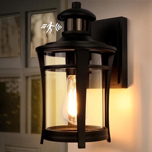 Image of Lamomo Outdoor Wall Lights, Security Motion Sensor Lights Outdoor with Bulb, Waterproof Aluminum Dusk Till Dawn Outside Lights, 3 Lighting Modes Wall Lantern Sconce with Sensor for Garden Doorway