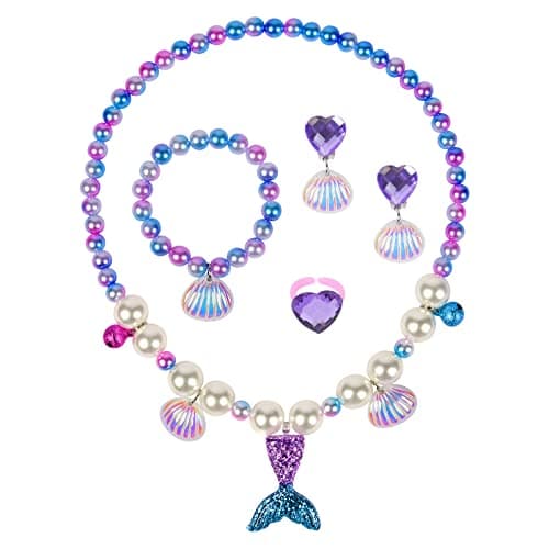 Image of OSDUE Girls Jewelry Set, 5 Pcs Mermaid Necklace Earring Bracelet Ring Set for Little Girl, Princess Jewelry Party for Toddler Little Girl Play Party Favors, Birthday Gift